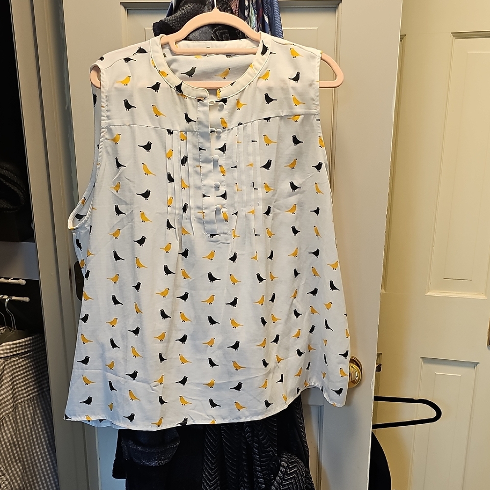 Modcloth Sleeveless Blouse with Bird Print - White and Yellow